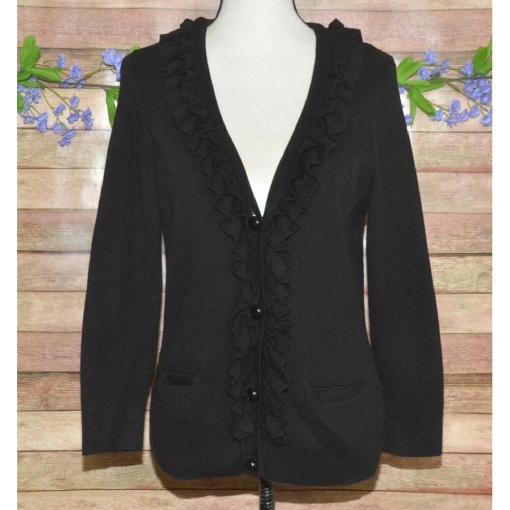 Talbots Black Ruffle Front Button Up V-Neck Ribbed Cardigan Sweater Size L